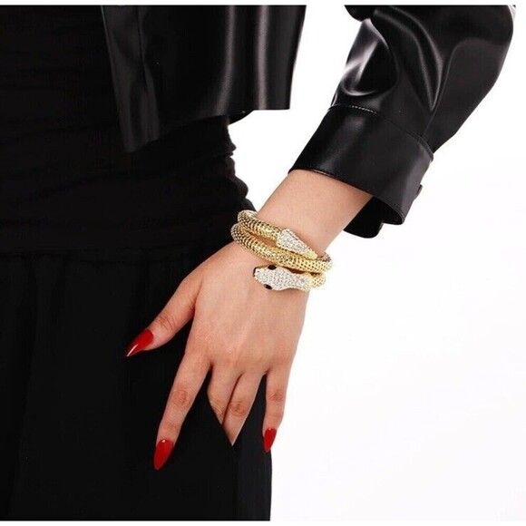 Mesh Rhinestone Snake Coil Wrap Gold Tone Bracelet Womens Designer Whimsy Goth - Picture 6 of 7